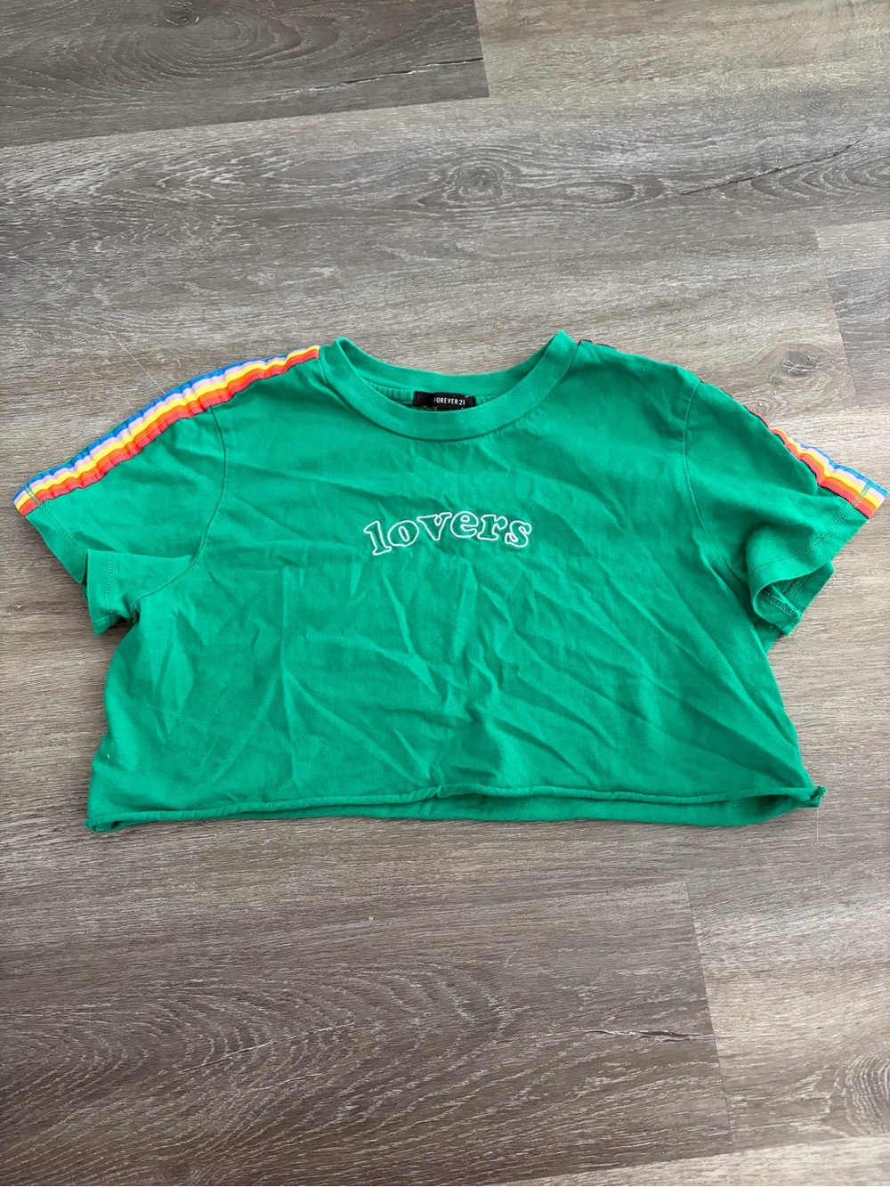 F21 Green "lovers" Crop Tee with Rainbow Stripe Detail